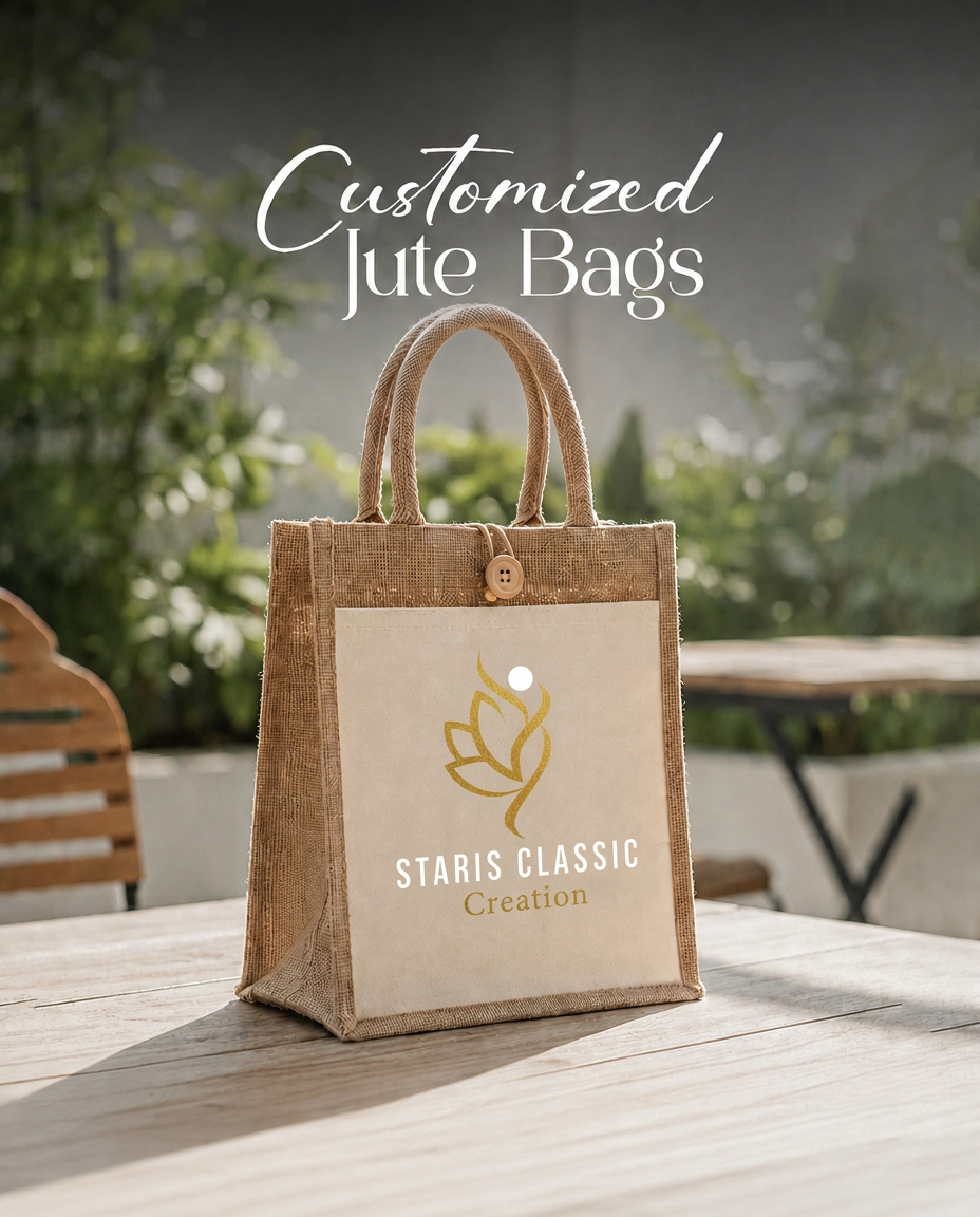 Customized jute tote bag with cream canvas pocket printed with the STARIS Classic Creation logo, on a wooden garden table